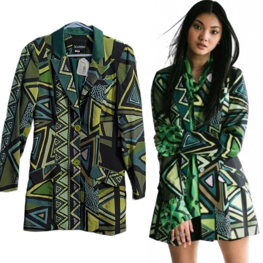 Kahindo Green Geometric Print Tuxedo Blazer Statement Jacket Mini Dress, S EUC - Picture 5 of 7